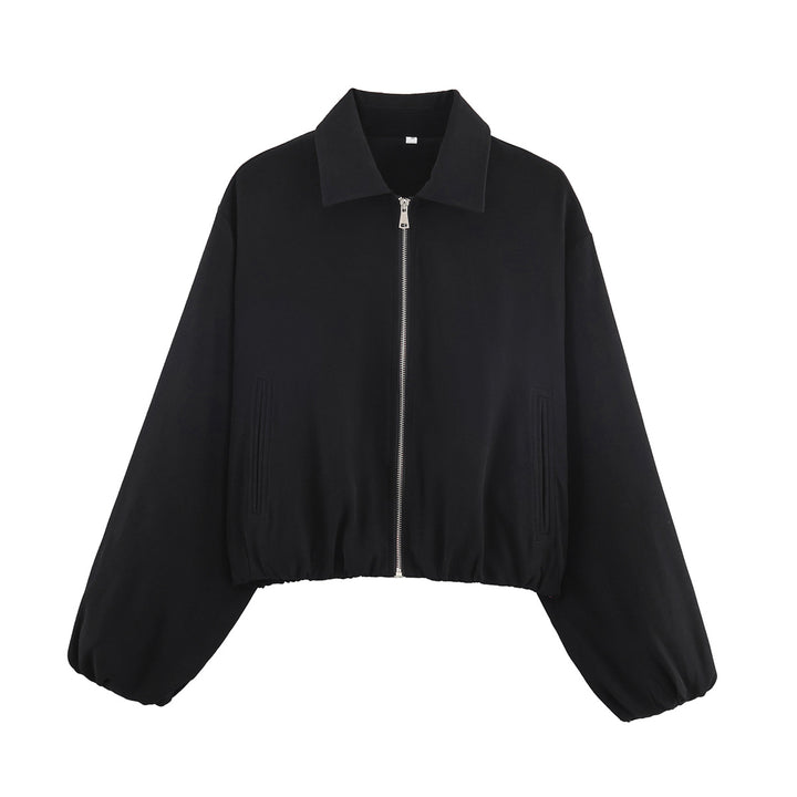 Women's Cropped Bomber Jacket with Balloon Sleeves, Elastic Hem and Lapel Collar Mune Fashion