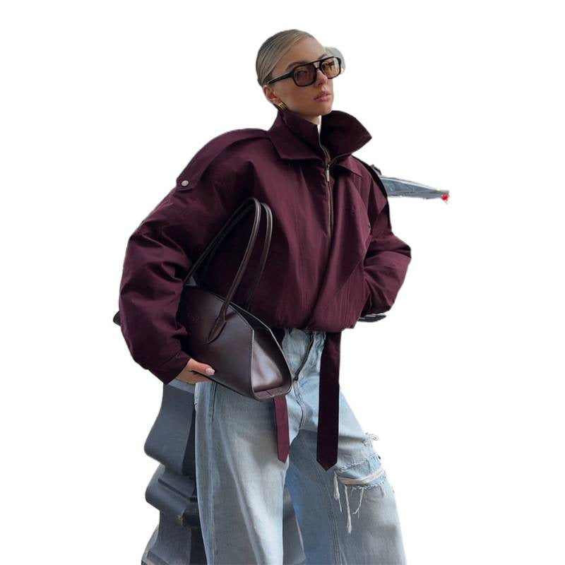 Women's short oversized bomber jacket with high stand-up collar, drawstring and shoulder flaps Mune Fashion