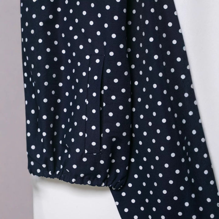 Women's Polka Dot Cropped Blouse Jacket with Stand Collar, Drawstring and Side Pockets Mune Fashion
