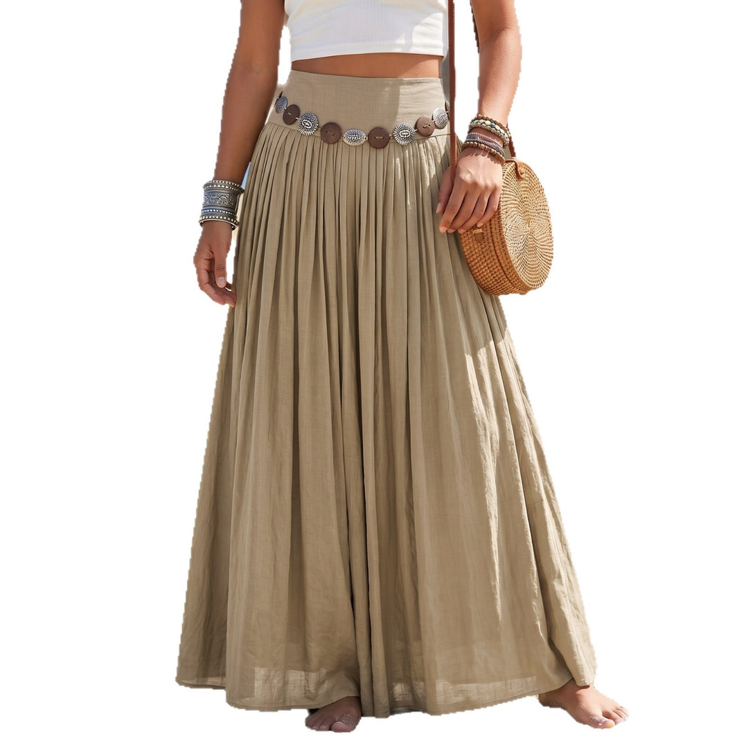 Women's flowing maxi skirt with high waistband, pleated folds and Boho button belt Mune Fashion