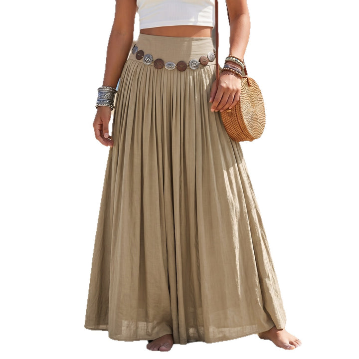 Women's flowing maxi skirt with high waistband, pleated folds and Boho button belt Mune Fashion