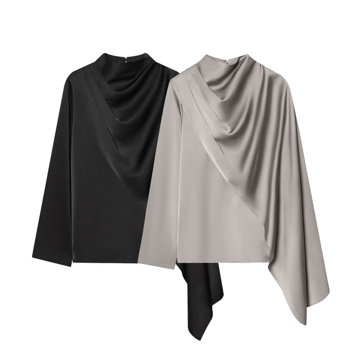 Women's nan asymmetrical draped blouse with waterfall collar and one-arm ruffle Mune Fashion