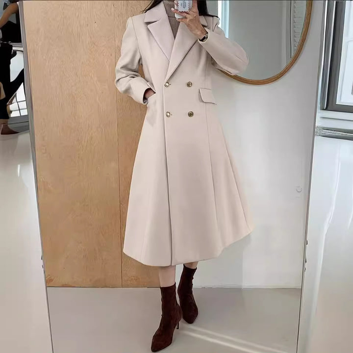 Women's Mid-length tailored A-line wool blend coat with flared skirt and golden decorative buttons Mune Fashion