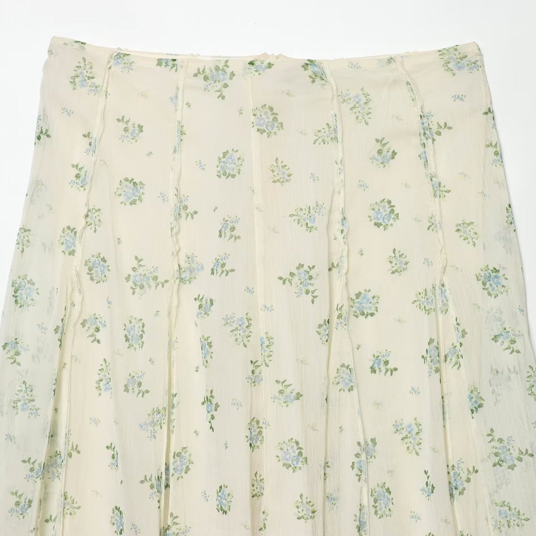 Women's Long Pleated Chiffon Skirt with Delicate Floral Print and High Waist Mune Fashion