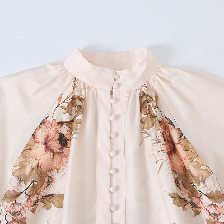 Women's blouse with stand-up collar, continuous button placket and wide balloon sleeves Mune Fashion