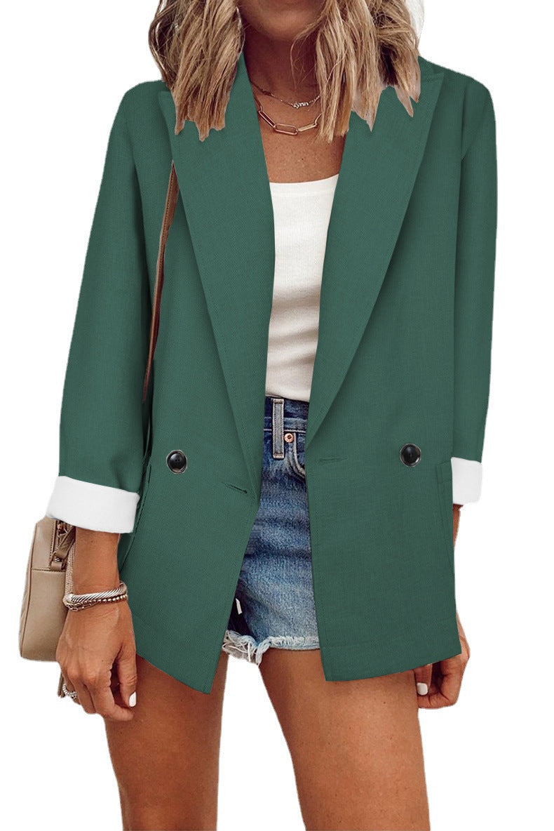 Women's Oversize Longline Blazer with 3/4 Sleeves, Contrast Lapel and Patch Pockets Mune Fashion