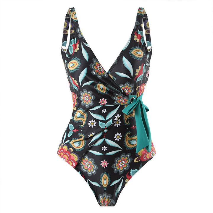 Women's One-Piece Swimsuit with Floral Wrap Skirt Mune Fashion