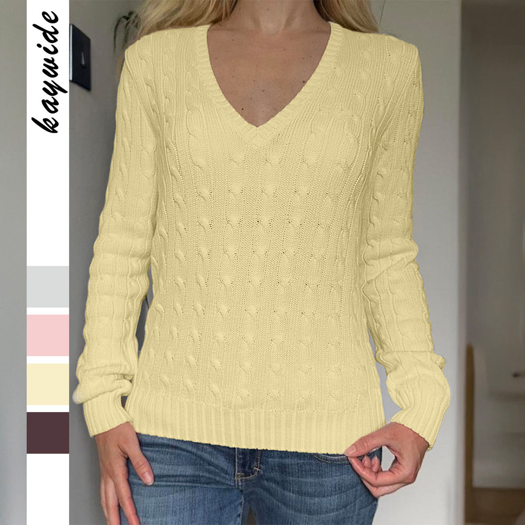 Women's nan premium cotton blend cable knit pullover with deep V-neck and fitted silhouette Mune Fashion