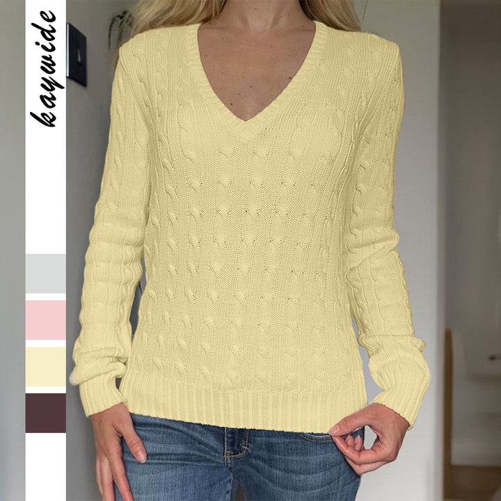 Women's nan premium cotton blend cable knit pullover with deep V-neck and fitted silhouette Mune Fashion