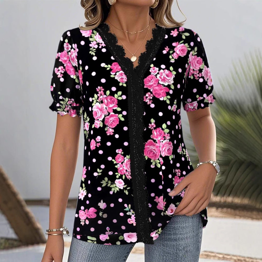 Ladies floral V-neck blouse with decorative lace trim and gathered short sleeves Mune Fashion