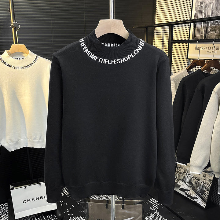 Unisex fine knit sweater with short stand-up collar and contrasting logo collar Mune Fashion