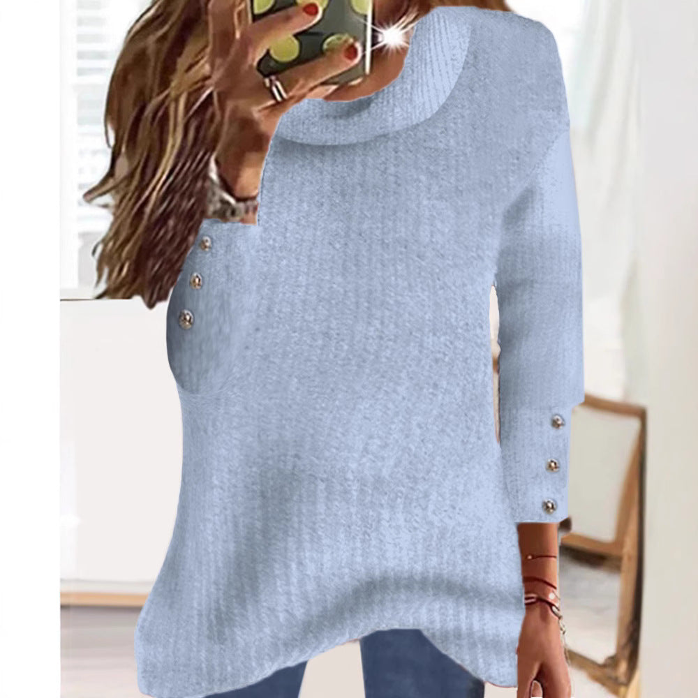Ladies Loose Fine Knit Sweater with Round Neck and Decorative Button Placket on the Sleeves Mune Fashion