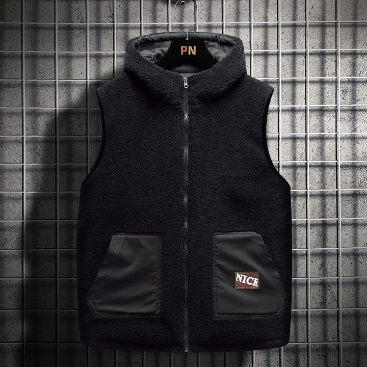 Men's Padded Teddy Fleece Vest with Hood, Full Zip and Letter Patch Mune Fashion