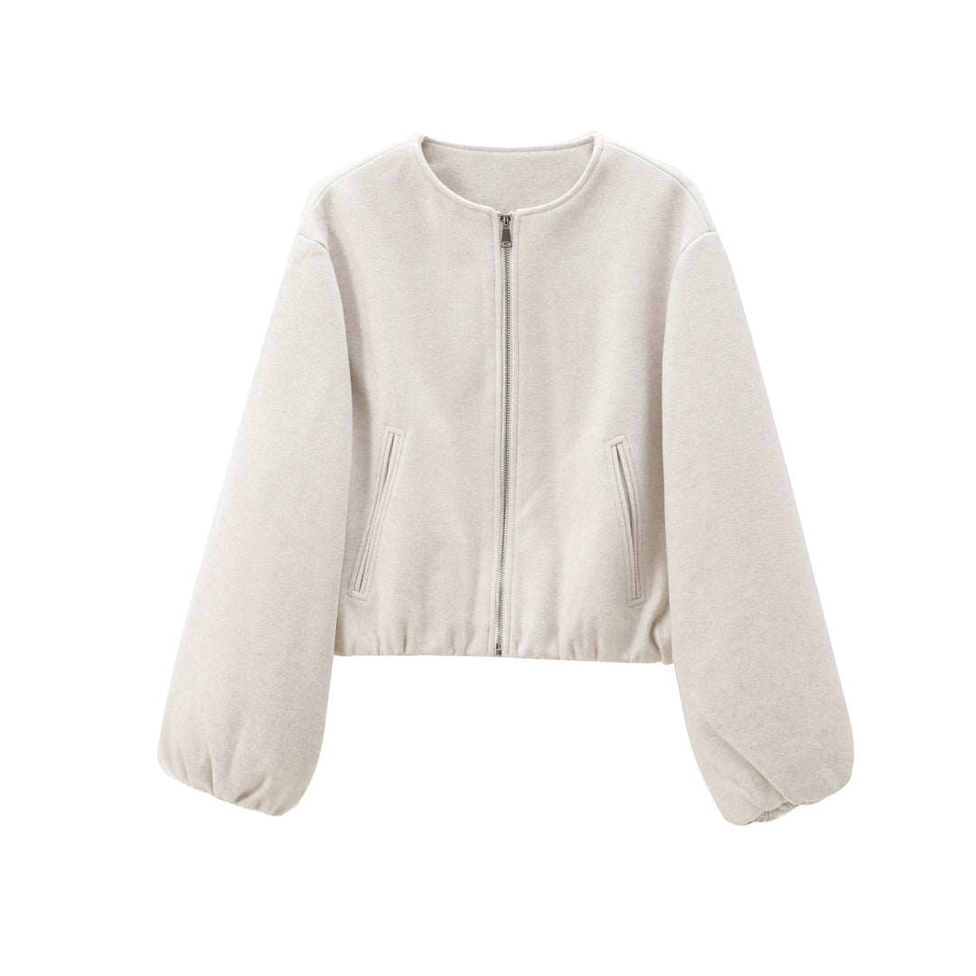 Women's Short Wool Blend Bomber with Round Neck, Zipper and Elastic Hem Mune Fashion