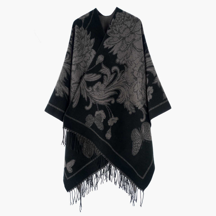 Women Reversible Knitted Cape-Poncho with Fringes and Contrasting Stripes Mune Fashion