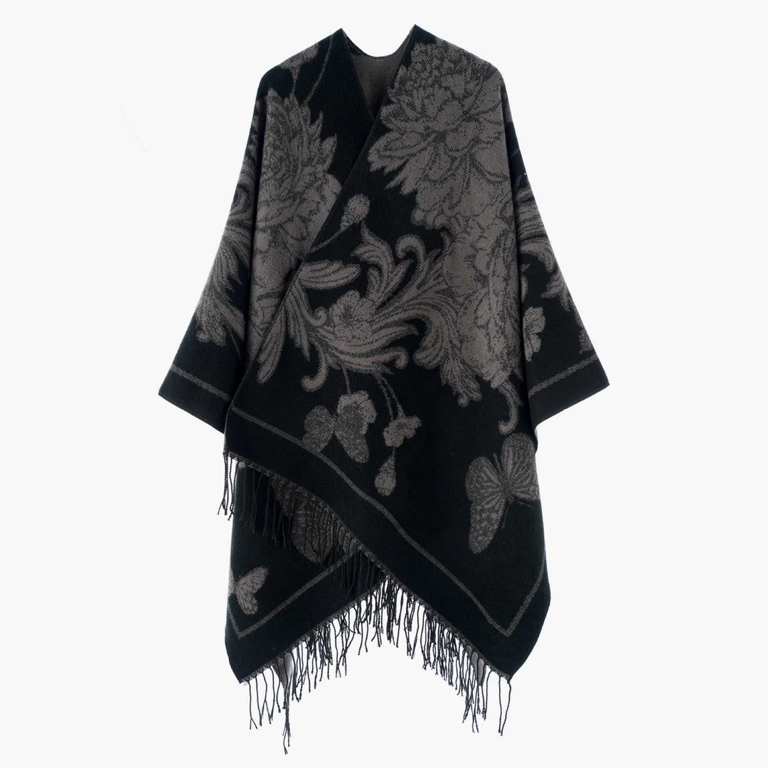 Women's Large Wool Blend Fringe Poncho with Diagonal Contrast Stripes Mune Fashion