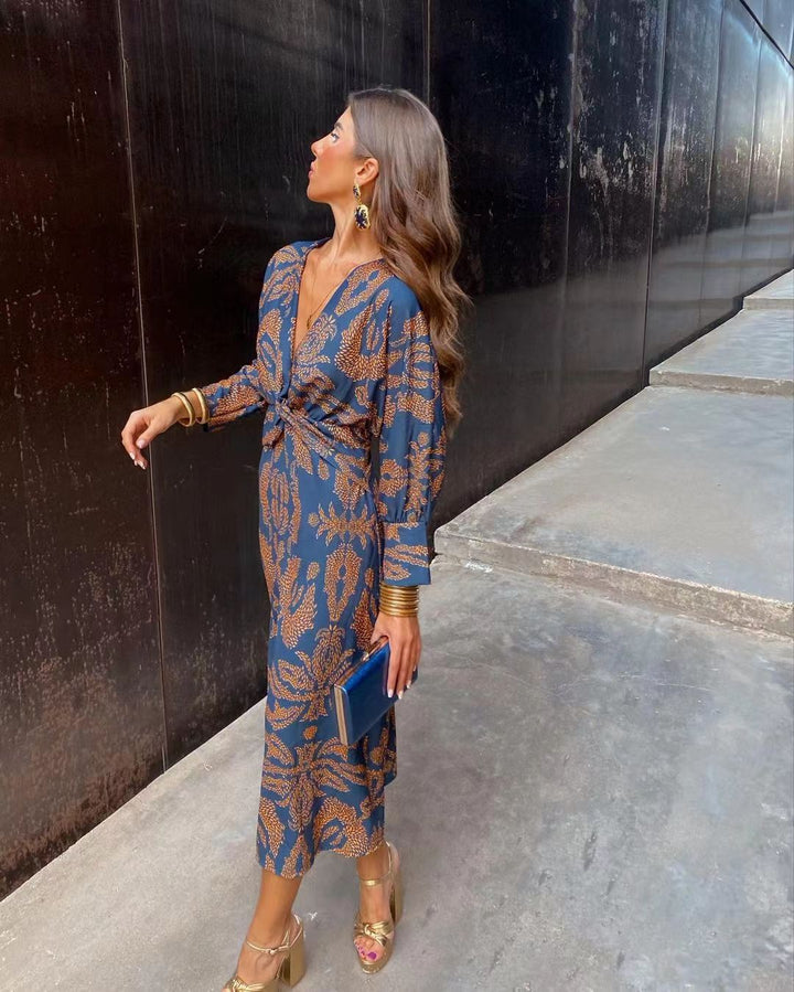 Women's Patterned Midi Dress with Knot Front, V-Neck and Long Sleeves Mune Fashion
