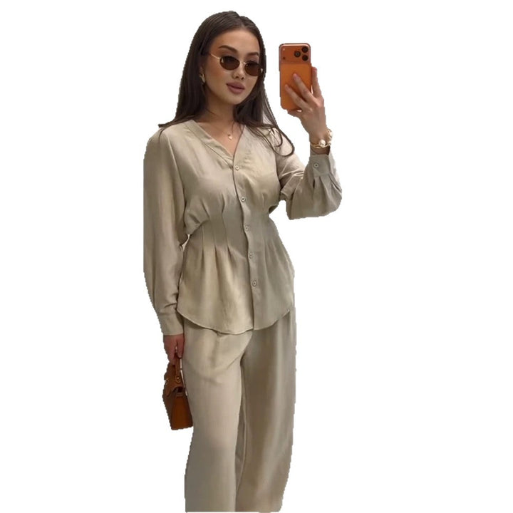 Women V-Neck Blouse and Culotte Set with Waist Pleats and Wide Legs Mune Fashion