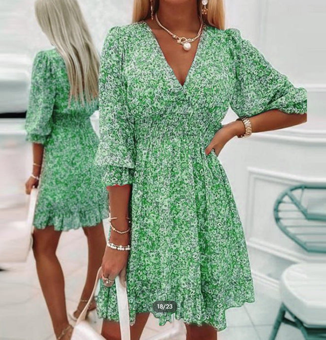Women's Floral Chiffon Mini Dress with V-Neck and Waist Belt Effect Mune Fashion