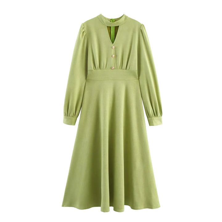 Ladies' feminine midi dress with waist emphasis, V-cutout at the neckline and flared skirt Mune Fashion