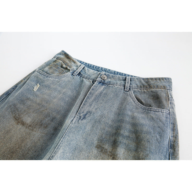 Ladies Wide Baggy Jeans with High Waist, Used Wash and Rip Details Mune Fashion