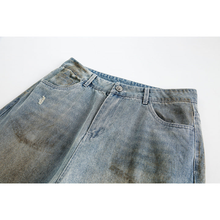 Ladies Wide Baggy Jeans with High Waist, Used Wash and Rip Details Mune Fashion