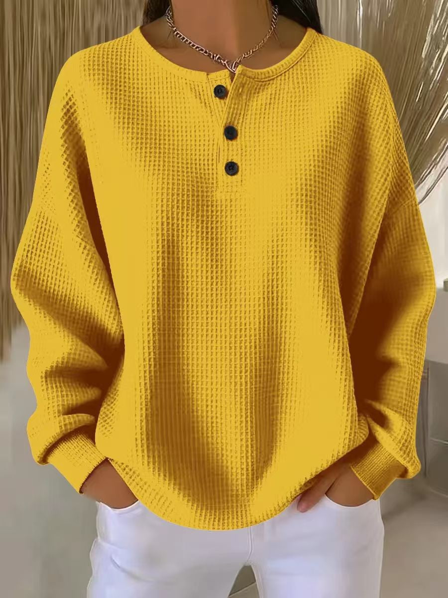 Women's Oversized Waffle Knit Henley Sweater with Button Placket and Rounded Hem Mune Fashion