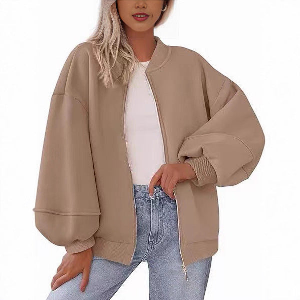 Women's Oversize Bomber Jacket with Balloon Sleeves and Zipper