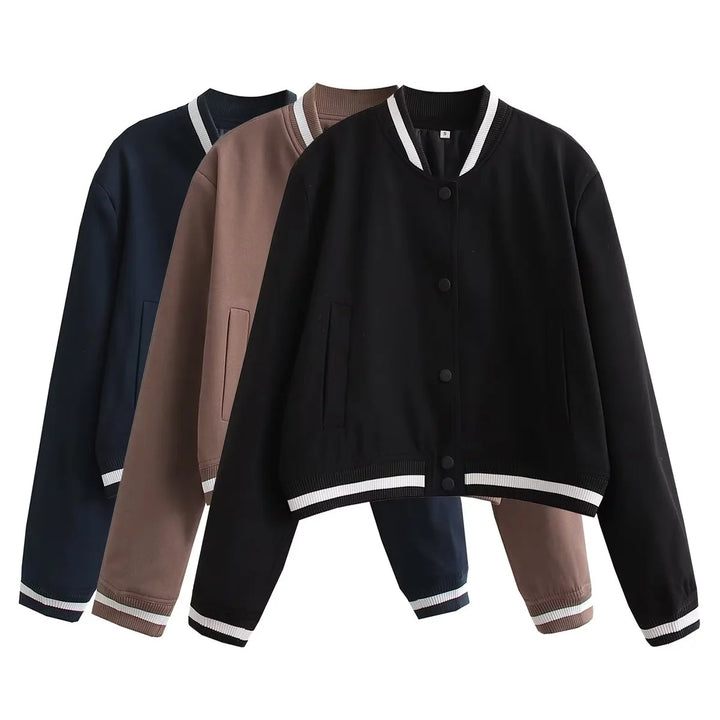 Women's Cropped College Bomber Jacket with Striped Ribbed Cuffs and Snap Button Closure Mune Fashion