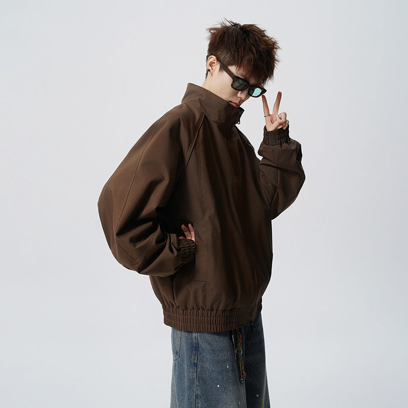 Unisex Oversized Windbreaker with Stand-up Collar and Raglan Sleeves Mune Fashion