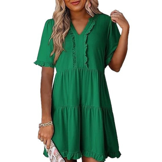 Women's lightweight swing dress with V-neck, tiered skirt and delicate ruffles Mune Fashion