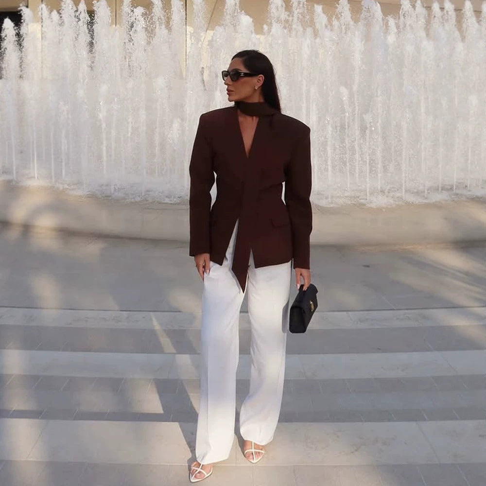 Women's Elegant Tailored Blazer-Pants Set with Integrated Scarf and V-Neck Mune Fashion