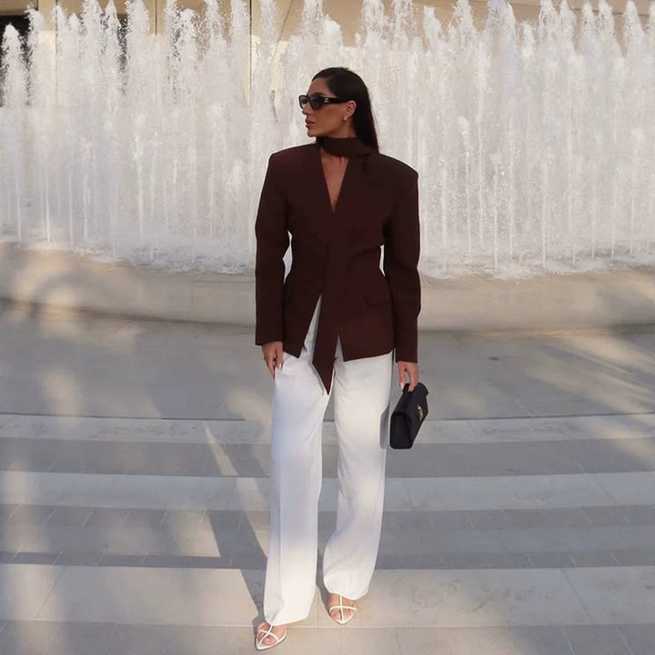 Women's Elegant Tailored Blazer-Pants Set with Integrated Scarf and V-Neck Mune Fashion