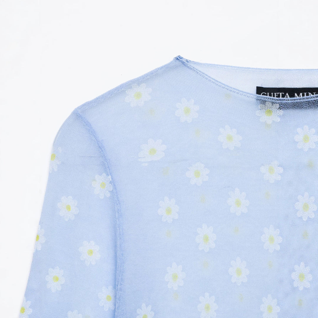 Women Fine Transparent Mesh Long Sleeve with Allover Daisy Print and Round Neckline Mune Fashion