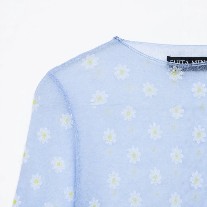Women Fine Transparent Mesh Long Sleeve with Allover Daisy Print and Round Neckline Mune Fashion