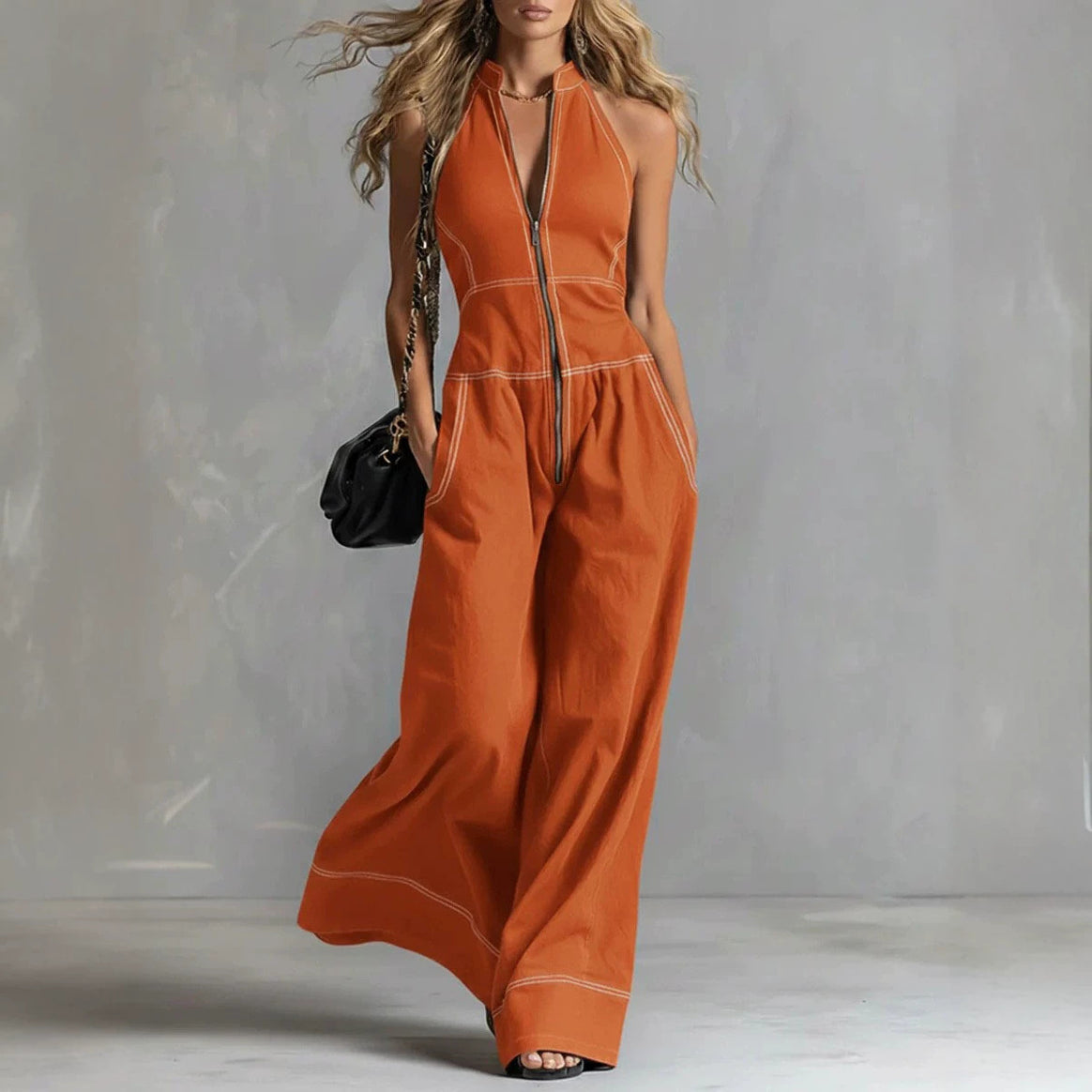 Women's Sleeveless Halter Jumpsuit with Zipper, Wide Leg and Side Pockets Mune Fashion