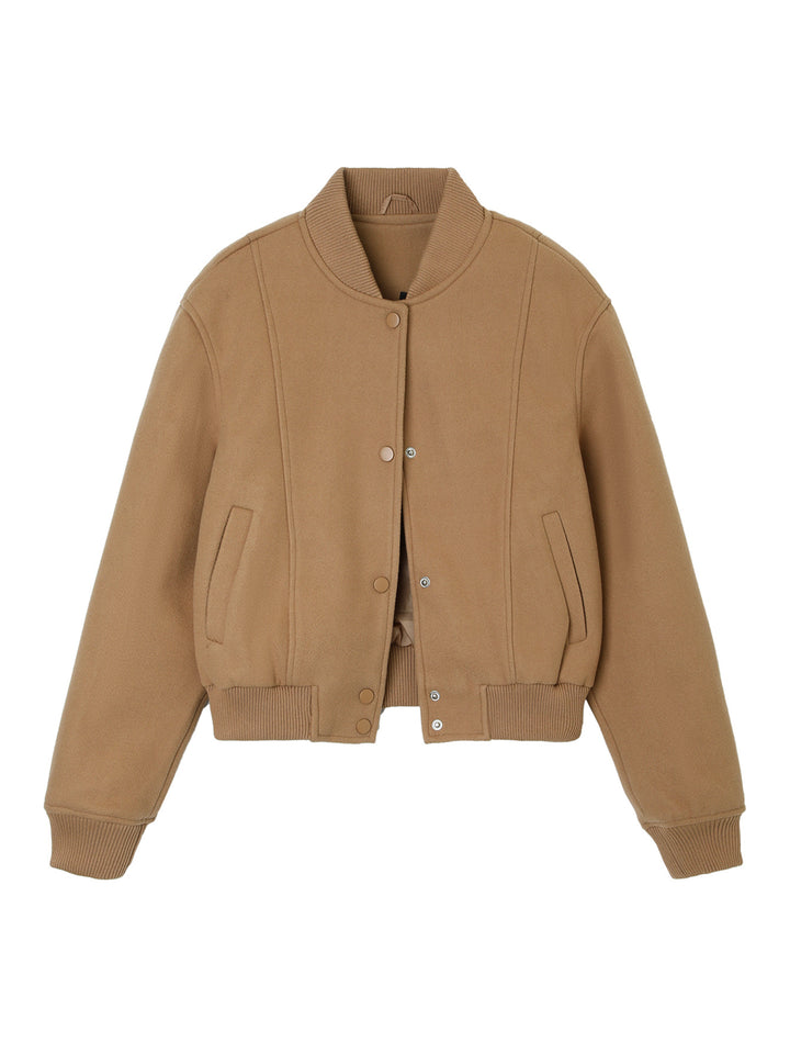 Ladies short-cut wool bomber jacket with ribbed cuffs and snap button placket Mune Fashion