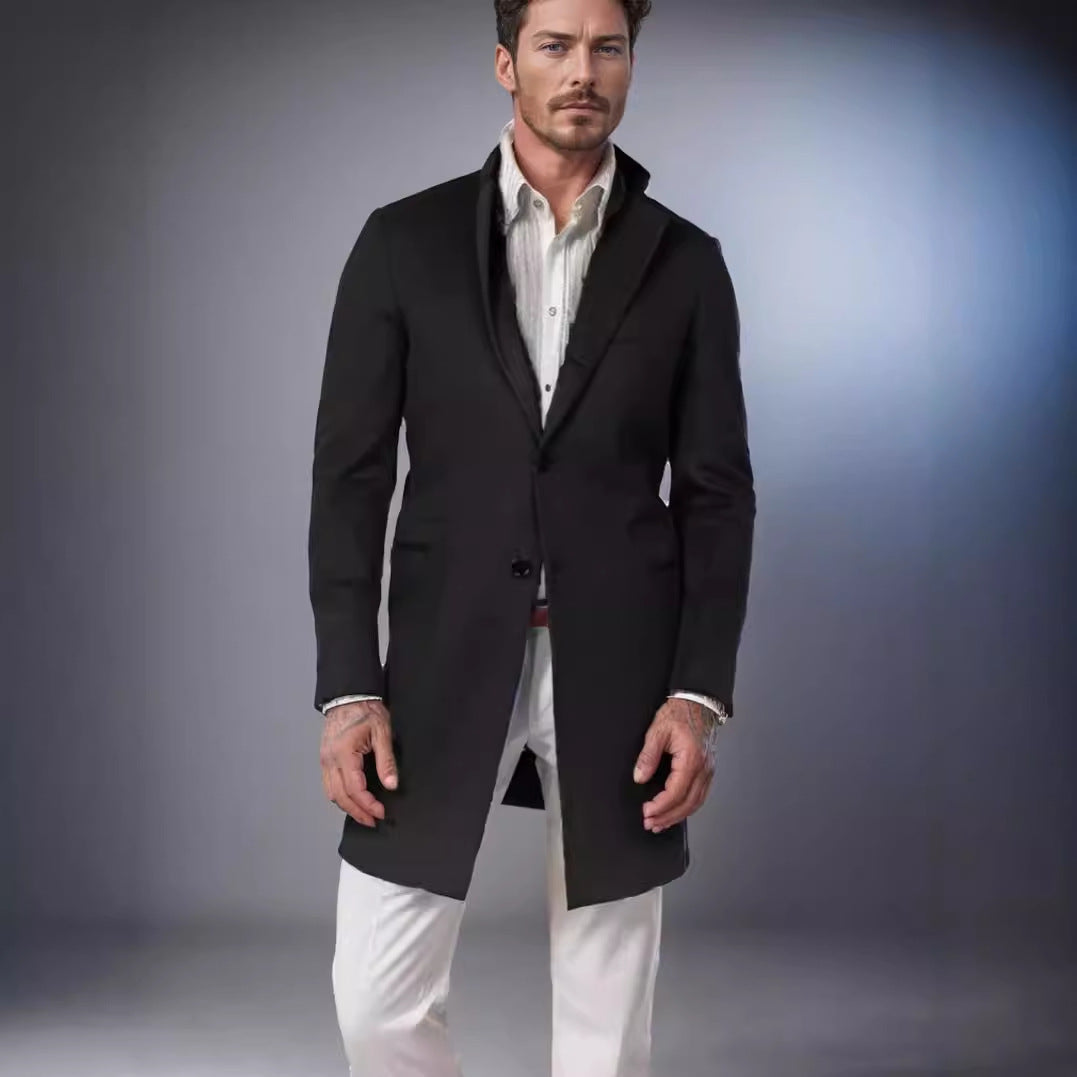 Men's Long Tailored Wool Blend Coat with Subtle One-Button Placket Mune Fashion