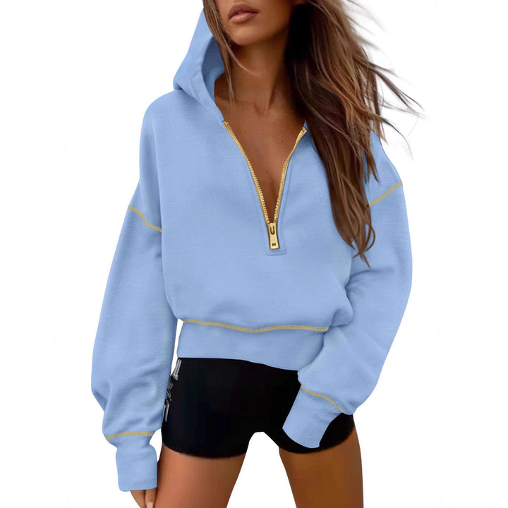 Women's cropped hooded pullover with half zipper and voluminous balloon sleeves Mune Fashion