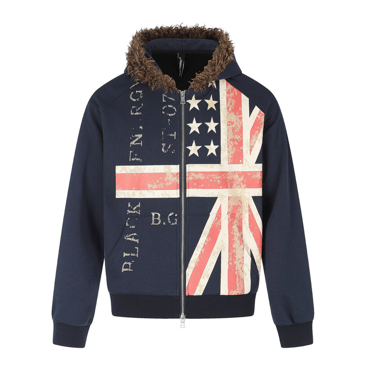 Men's hoodie jacket with faux fur trim, zipper, and vintage flag print Mune Fashion