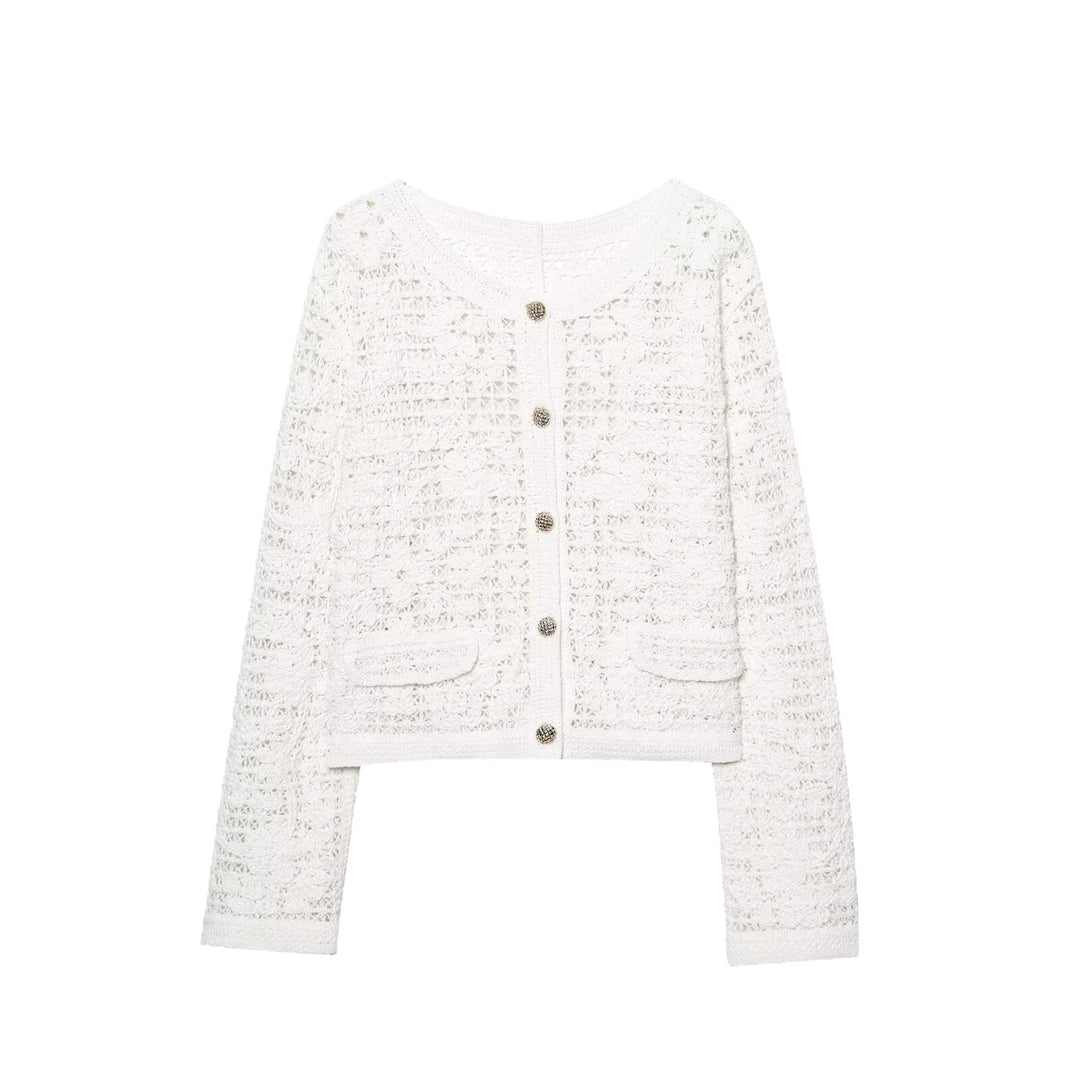 Women's Crocheted Short Jacket in Boucle Look with Decorative Buttons and Patch Pockets Mune Fashion