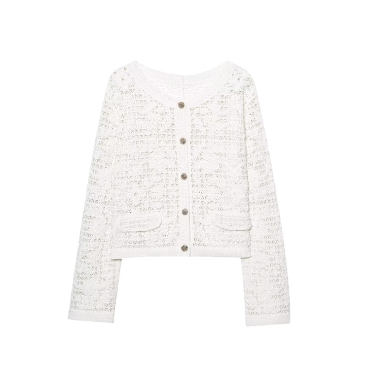 Women's Crocheted Short Jacket in Boucle Look with Decorative Buttons and Patch Pockets Mune Fashion