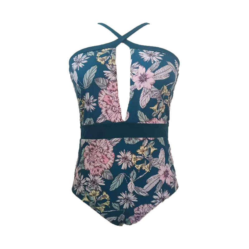 Women’s Sporty Swimsuit with Deep V-Neck and Floral Design Mune Fashion