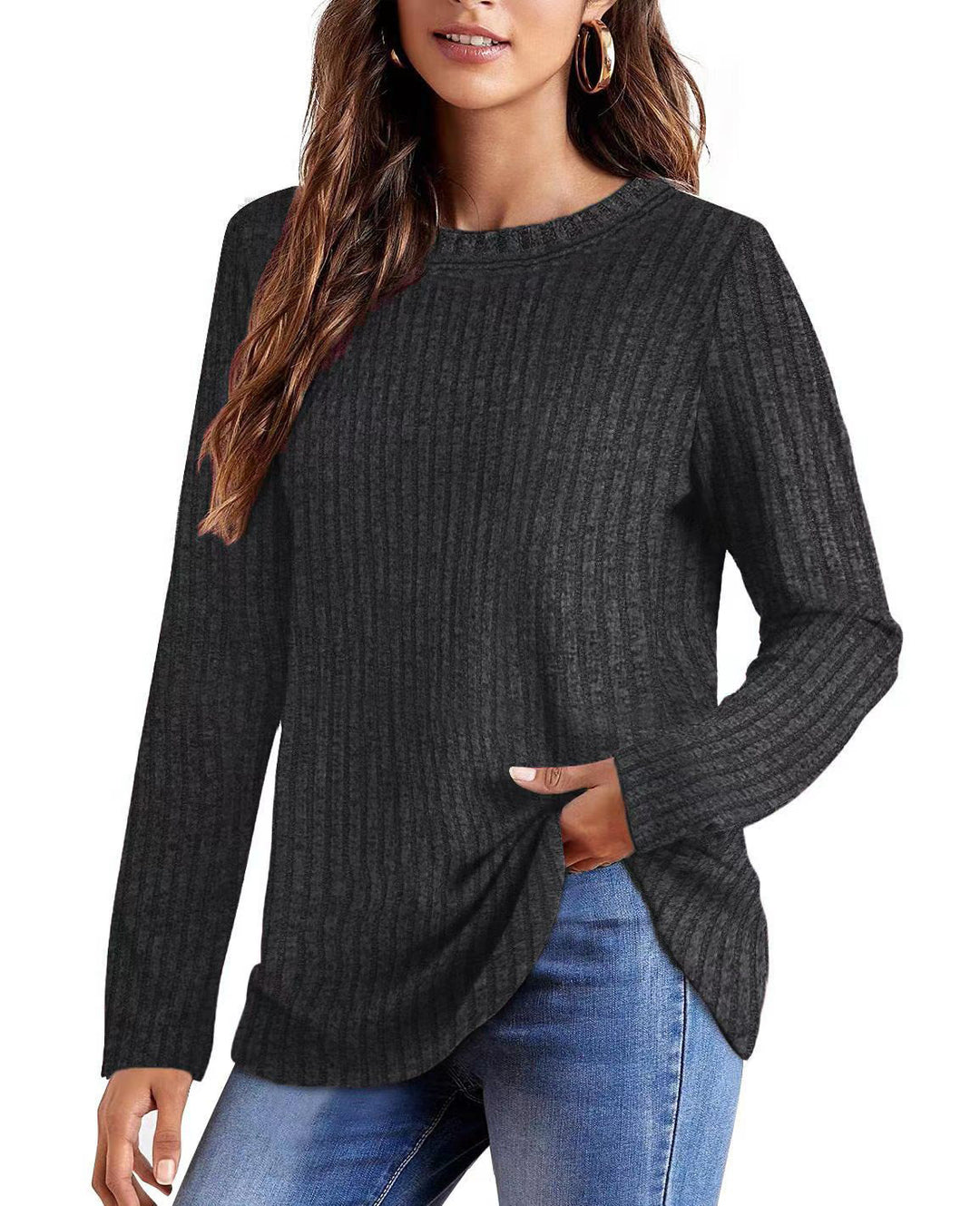 Women's ribbed fine knit long sleeve with round neckline and asymmetrical hem Drune