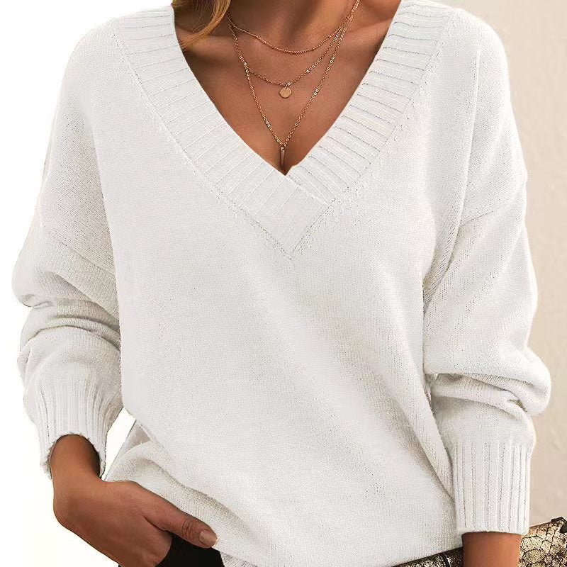Women's Oversized V-Neck Knit Sweater with Ribbed Cuffs Mune Fashion