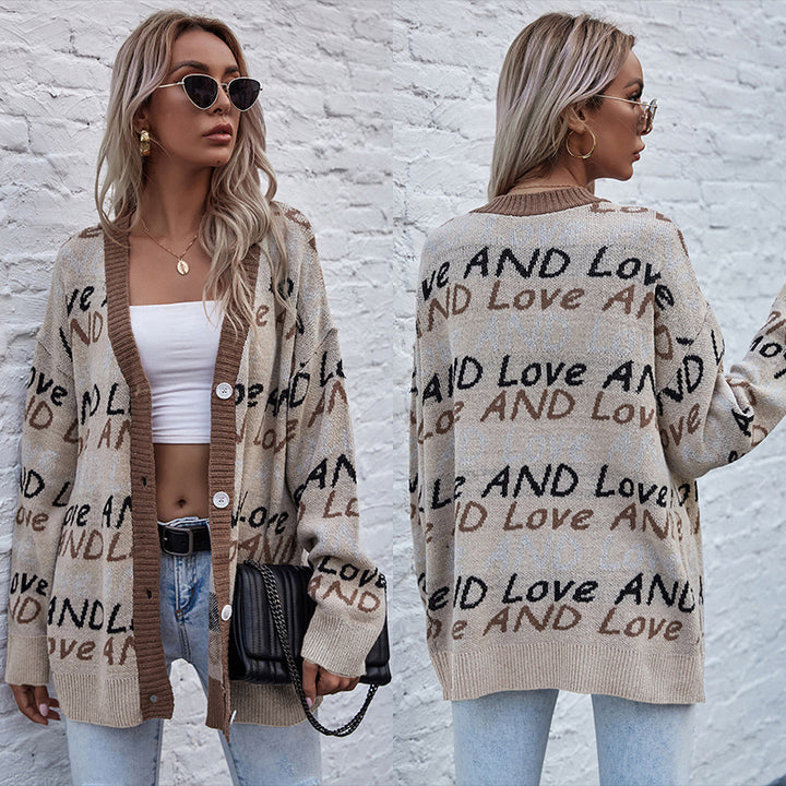 Women's Oversize Knit Cardigan with Letter Jacquard, Deep V-Neck and Button Placket Mune Fashion