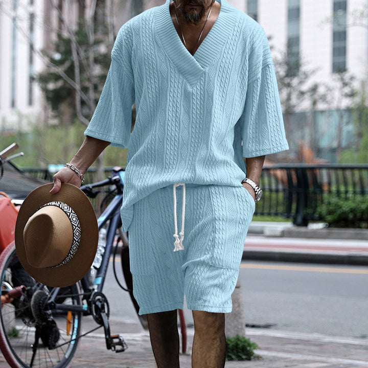 Men's urban braid knit two-piece with deep V-neck, boxy fit and drawstring shorts Mune Fashion