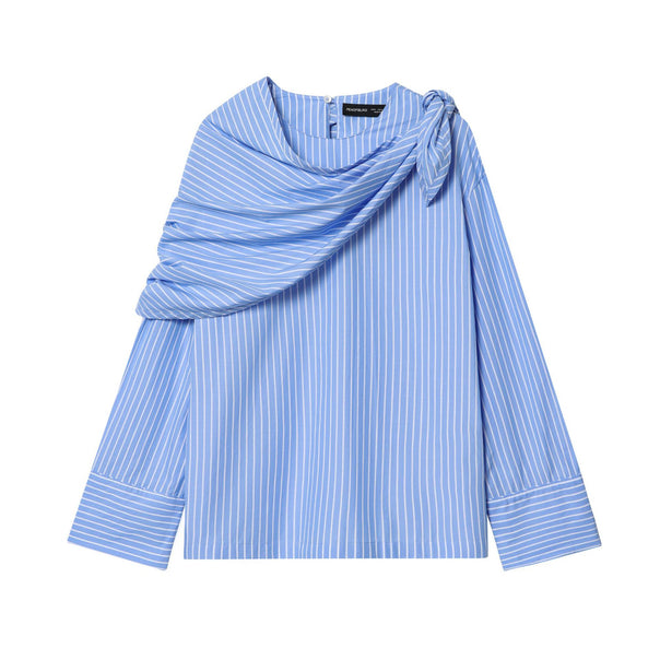 Women's cotton blouse with shoulder-detailed draped shawl collar and wide cuffs Mune Fashion
