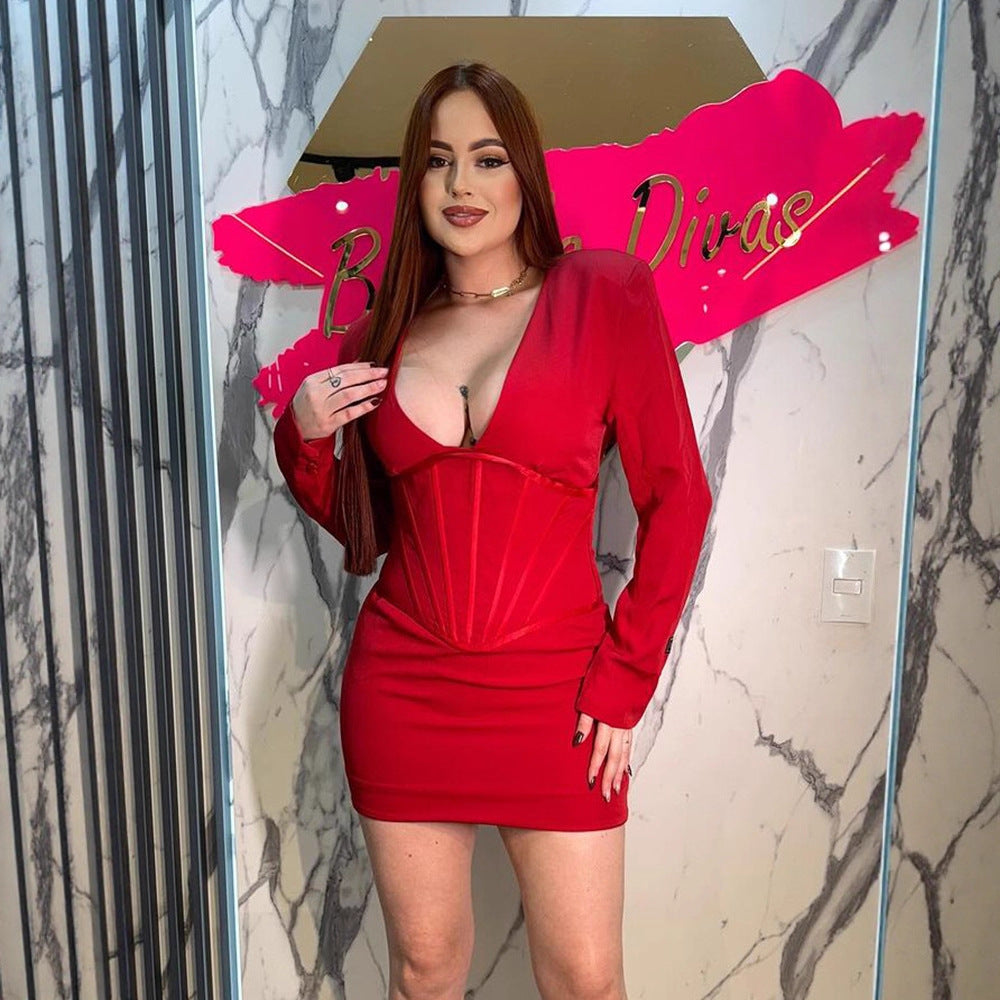 Women's Figure-Hugging Mini Dress with Integrated Corset and Deep V-Neck Mune Fashion