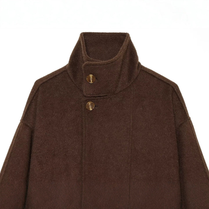 Women's short cape coat made of wool blend with high standing collar and waist belt Drune